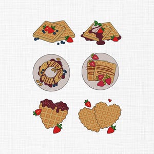 Puede incluir: Ilustración digital de gofres con varios ingredientes. Algunos son cuadrados, cubiertos con bayas, otros en forma de corazón, rociados con salsa de chocolate y fresas. El fondo es blanco.
