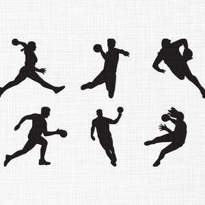 Könnte beinhalten: Schwarze Silhouetten von Handballspielern in verschiedenen Posen. Die Figuren sind in Bewegung dargestellt, mit ausgestreckten Armen und Bällen, vor einem weißen, strukturierten Hintergrund.