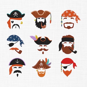 May include: Nine cartoon pirate faces with various hats, bandanas, beards, and mustaches. Each pirate has a unique design, including eye patches, skull and crossbones, and feathers. The color palette includes orange, brown, black, and blue.