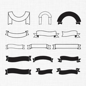 May include: A collection of black and white banner illustrations. The designs include various shapes, such as curved, arched, and rectangular banners, with decorative ends. The banners are suitable for graphic design projects.