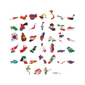 May include: A series of map outlines, each coloured to represent a national flag. The maps are arranged on a white background, showing a variety of countries and their flags. The image is a graphic representation.