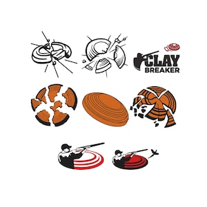 May include: A collection of graphic illustrations featuring orange clay targets, some intact and some shattered into pieces. The set includes silhouettes of individuals aiming shotguns at targets, with the text CLAY BREAKER in black lettering.
