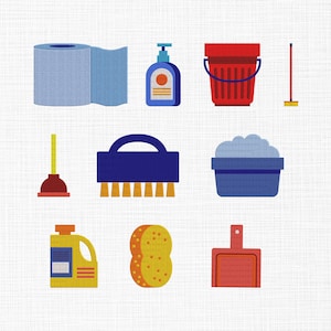 Puede incluir: Ilustración de artículos de limpieza. Incluye un rollo de papel de cocina azul, un dispensador de jabón azul, un cubo rojo, una fregona, un desatascador, un cepillo, un recipiente azul con espuma, una botella amarilla, una esponja y un recogedor rojo.