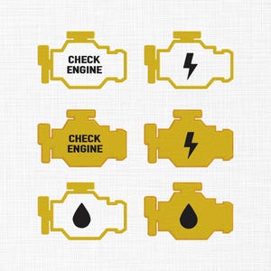 Puede incluir: Seis iconos de motor amarillos con símbolos y texto negros. Dos iconos muestran las palabras "CHECK ENGINE". Dos iconos tienen un símbolo de rayo. Los dos últimos iconos tienen un símbolo de gota negra.
