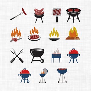 May include: A collection of barbecue-themed illustrations. The image features various grilling tools and food items, including a sausage on a fork, sausages on a grill, a grill with ribs, and several types of grills and flames. The color palette includes red, black, and orange.