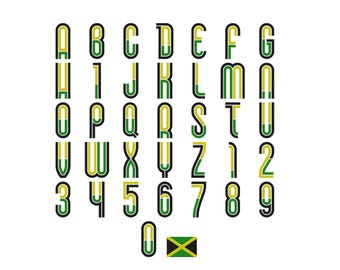 Jamaica Flag Font Alphabet Embroidery, English Alphabet Embroidery, (A–Z) and Arabic numerals (0–9) Machine Embroidery Design Files, 6 Sizes