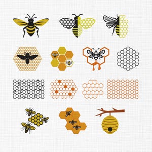 May include: A selection of bee and honeycomb illustrations in yellow, black, and orange. The designs include bees with detailed wings, honeycomb patterns, and a beehive hanging from a branch. The images are set against a white background.