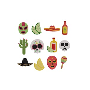 May include: A collection of twelve colourful icons featuring a green luchador mask, lime wedges, a red sombrero, a bottle with a cactus, a green cactus, a decorated skull, a bottle with lime, a skull with a moustache, a black sombrero, lemon wedges, a red mask, and a maraca.