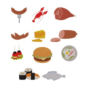 May include: An illustration of various food items, including sausages on a fork, a red lobster, a ham, more sausages, cheese, salami, appetizers, a hamburger, a plate with a fried egg, sushi, and a fish.