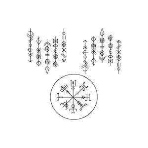 May include: Black and white illustration featuring a compass rose design within a circle, surrounded by several vertical rows of stylized arrows and geometric shapes. The design has a minimalist aesthetic, set against a white background.