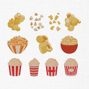 Puede incluir: Una ilustración de palomitas de maíz en varias formas: granos individuales, racimos y recipientes llenos. Los recipientes incluyen tazas a rayas rojas y blancas, un cuenco rojo y un cuenco con rayas naranjas y blancas. Las palomitas son amarillas y blancas.