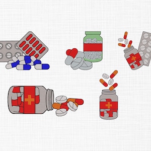 Könnte beinhalten: Illustration verschiedener Medikamente, darunter Pillen, Kapseln und Blisterpackungen. Das Bild zeigt Pillen in Blau, Rot, Orange und Weiß sowie Pillenflaschen und Blisterpackungen. Die Flaschen haben rote Etiketten mit einem weißen Kreuz.