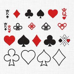 Könnte beinhalten: Gestickte Spielkarten-Symbolen in Schwarz und Rot. Das Bild zeigt Herzen, Rauten, Kreuz und Pik, einschließlich König und Königin von Herz und Pik. Umrisse der Farben sind ebenfalls vorhanden.