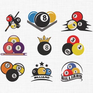 Puede incluir: Una colección de nueve parches bordados coloridos con diseños de bolas de billar. Cada parche muestra diferentes arreglos de bolas, incluido el número 8, con varios colores y estilos. Algunos diseños incluyen la palabra "BILLIARD".