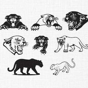 May include: A collection of black and white panther illustrations. The images depict panthers in various poses, including roaring, crouching, and walking. The designs are stylized, with bold lines and a focus on the animal's features.
