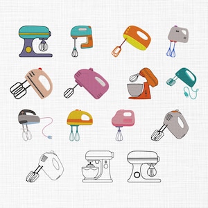 May include: A collection of colorful illustrations of various hand mixers and stand mixers. The mixers are depicted in a variety of colors, including teal, orange, pink, and gray. Some are outlined in black and white.