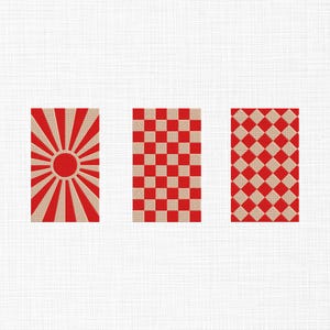 May include: Three rectangular designs with red and tan patterns. The first features a red sunburst design with a red circle in the center. The second has a red and tan checkerboard pattern. The third has a red and tan diamond pattern.