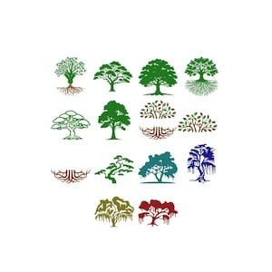 Puede incluir: Una colección de catorce ilustraciones de árboles distintas dispuestas en una cuadrícula. Los diseños presentan varias formas, incluyendo copas frondosas, sistemas de raíces expuestos y ramas colgantes, en colores verde, marrón, azul y rojo oscuro.