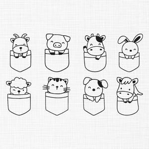 Puede incluir: Ilustración en blanco y negro de ocho animales diferentes asomando por bolsillos. Los animales son una cabra, un cerdo, una vaca, un conejo, una oveja, un gato, un perro y un caballo, sobre fondo blanco.