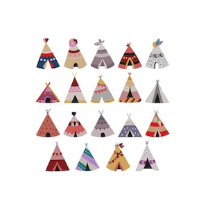 May include: A collection of colorful teepee illustrations on a white background. The teepees feature various designs, including patterns, stripes, and decorative elements. The color palette includes red, blue, pink, yellow, and purple.