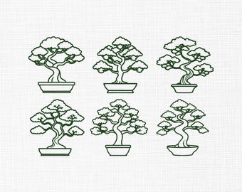 Bonsai Tree Set Embroidery Design, Bonsai Tree Line Art Design, Japanese Mini Potted Tree, Garden Machine Embroidery Design Files, 5 Sizes