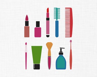 May include: A collection of beauty and hygiene products, including lipstick, nail polish, mascara, a comb, a brush, a tube of cream, a makeup brush, a soap dispenser, and a toothbrush. The items are in various colors, such as red, pink, green, and blue.
