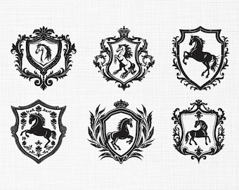 Diseño de bordado de caballo heráldico, diseño de bordado de escudo de caballo encabritado, cresta clásica, archivos de diseño de bordado a máquina de marco de caballo, 5 tamaños
