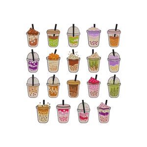 May include: Twenty bubble tea drinks in clear plastic cups with black straws. Each cup has a different colour and flavour combination, including brown, green, purple, and orange. The drinks are decorated with various toppings.