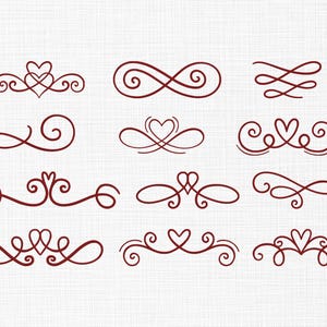 May include: A collection of burgundy-colored decorative flourishes and heart-shaped designs. The image features various ornamental elements, including swirls, loops, and heart motifs, arranged in a grid pattern against a textured white background. These designs are suitable for crafting and design projects.