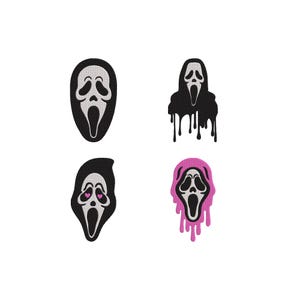 Op de afbeelding: Vier geborduurde patches met gestileerde spookmaskers. Linksboven een standaard zwart-wit masker. Rechtsboven een zwart masker met een druipend effect. Linksonder een zwart masker met roze hartjesogen. Rechtsonder een roze masker met een druipend effect.
