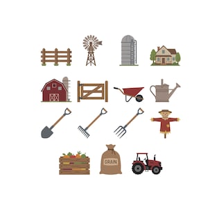 May include: A collection of farm-themed embroidery designs featuring a wooden fence, windmill, silo, house, red barn, gate, wheelbarrow, watering can, shovel, rake, pitchfork, scarecrow, crate of vegetables, grain sack, and a red tractor.