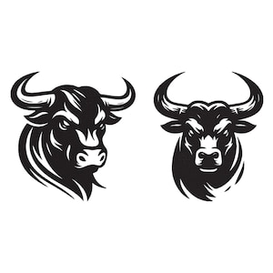 Op de afbeelding: Twee zwart-wit illustraties van een stierenkop. Eén toont de kop van de stier van opzij, de andere toont de kop van de stier van voren. De stier heeft grote hoorns en een boze uitdrukking.