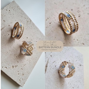 May include: Four beaded rings in a variety of designs. The rings are made with small beads in gold, white, and blue. The rings are displayed on a textured, light-colored surface. Text on the image reads "Slow Light Slow Shine PATTERN BUNDLE 2 peyote ring pattern."