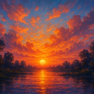 Può includere: Dipinto a olio di un tramonto vibrante sull'acqua calma. Il cielo è pieno di nuvole arancioni e rosse, in contrasto con le tonalità blu scuro. Alberi sagomati costeggiano l'acqua, riflettendo il bagliore del tramonto.