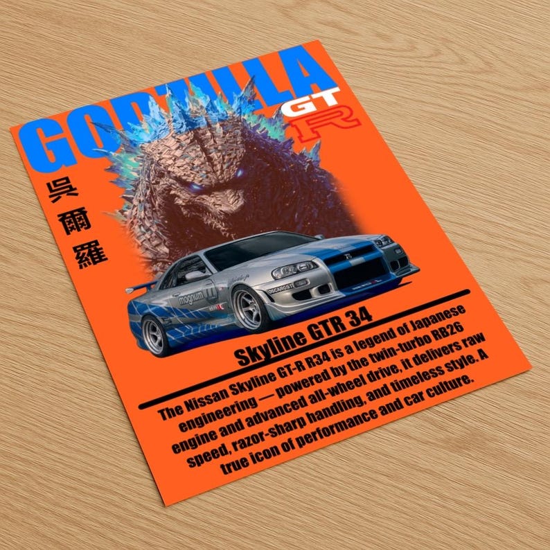 Skyline GTR R34 Godzilla Art Print: Japanese Sports Car, JDM Garage ...