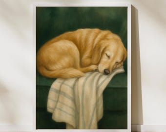 Golden Retriever Sleeping on Green Couch Art Print (Digital Download)