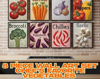 Kitchen Vegetable Mosaic Art Prints: Chef Decor Set of 8 (Digital Download)