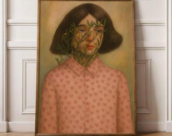 Botanical Portrait Wall Art | Surreal Girl Print | Floral Face Illustration | (Digital Download)