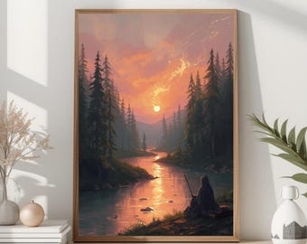 Sunset River Print | Enchanted Forest, Hooded Figure (Digital Download)