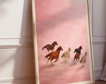 Running Horses Wall Art – Equestrian Western Decor Painting for Bedroom, Rustic Home Accent
