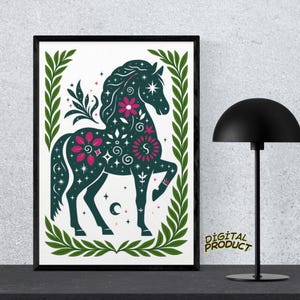 Arte de parede floral com cavalo místico: estampa animal surreal (download digital)