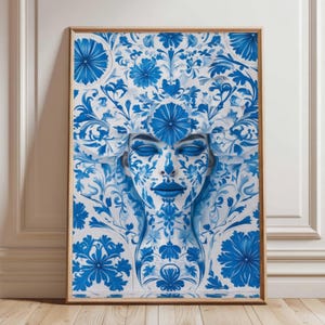 Retrato de mujer en azulejo: Arte en azulejo floral azul (Descarga digital)