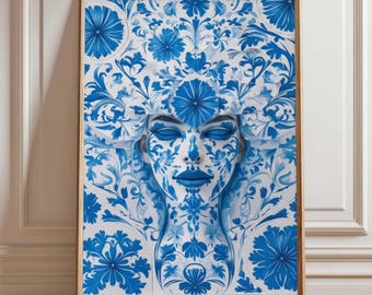 Azulejo Woman Portrait Print: Blue Floral Tile Art (Digital Download)
