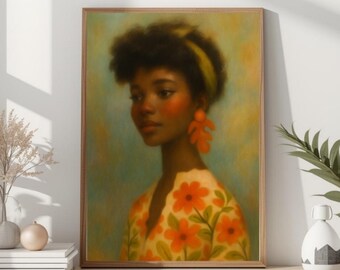 Black Woman Portrait Art | Retro Floral Dress, Mid Century Style (Digital Download)