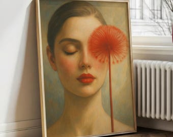 Minimalist Woman Portrait | Red Lips Dandelion Art (Digital Download)