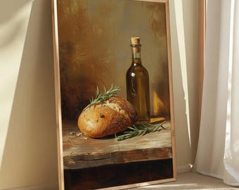 Rustic Bread and Olive Oil Still Life Art Print (Digital Download)