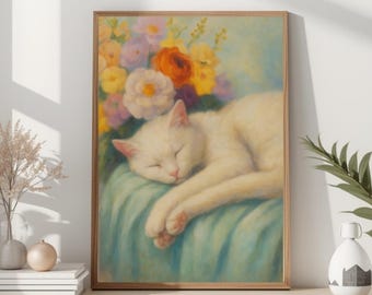 White Cat Sleeping Floral Painting | Cottagecore Art (Digital Download)