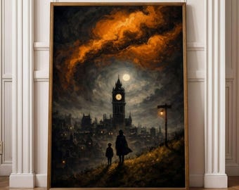 Dark Fantasy City Wall Art – Gothic Clock Tower, Moonlit Night Landscape (Digital Download)