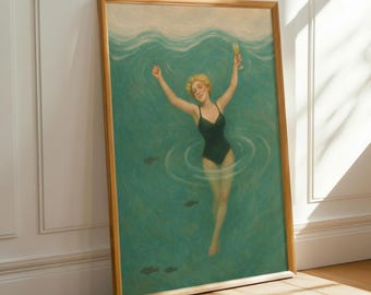 Retro Swimmer Cocktail Art Print - Empowered woman poster - Feminist posters - strong woman (Digital Download)