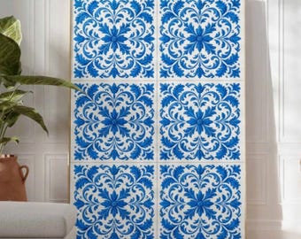 Blue and White Moroccan Tile Print, Floral Wall Art (Digital Download)